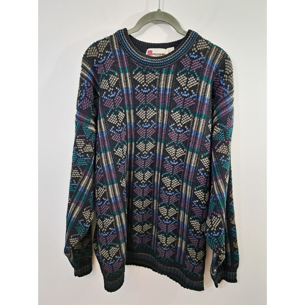Palermo Men's Vintage 90's Black Teal Purple Sweater Crewneck Large Made In USA
